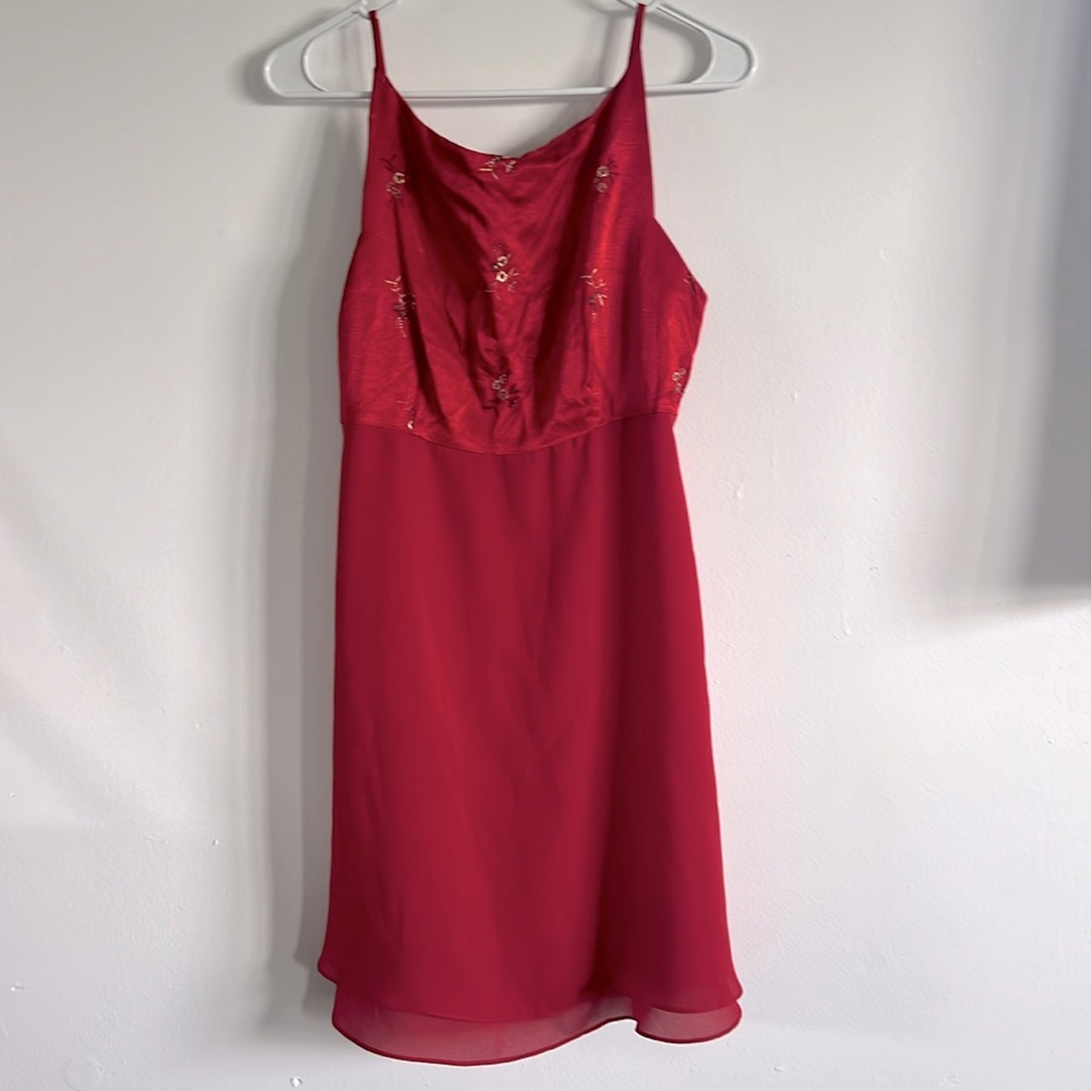 Vintage 90s / Y2K Red Babydoll Spaghetti Strap Satin Embroidered Dress